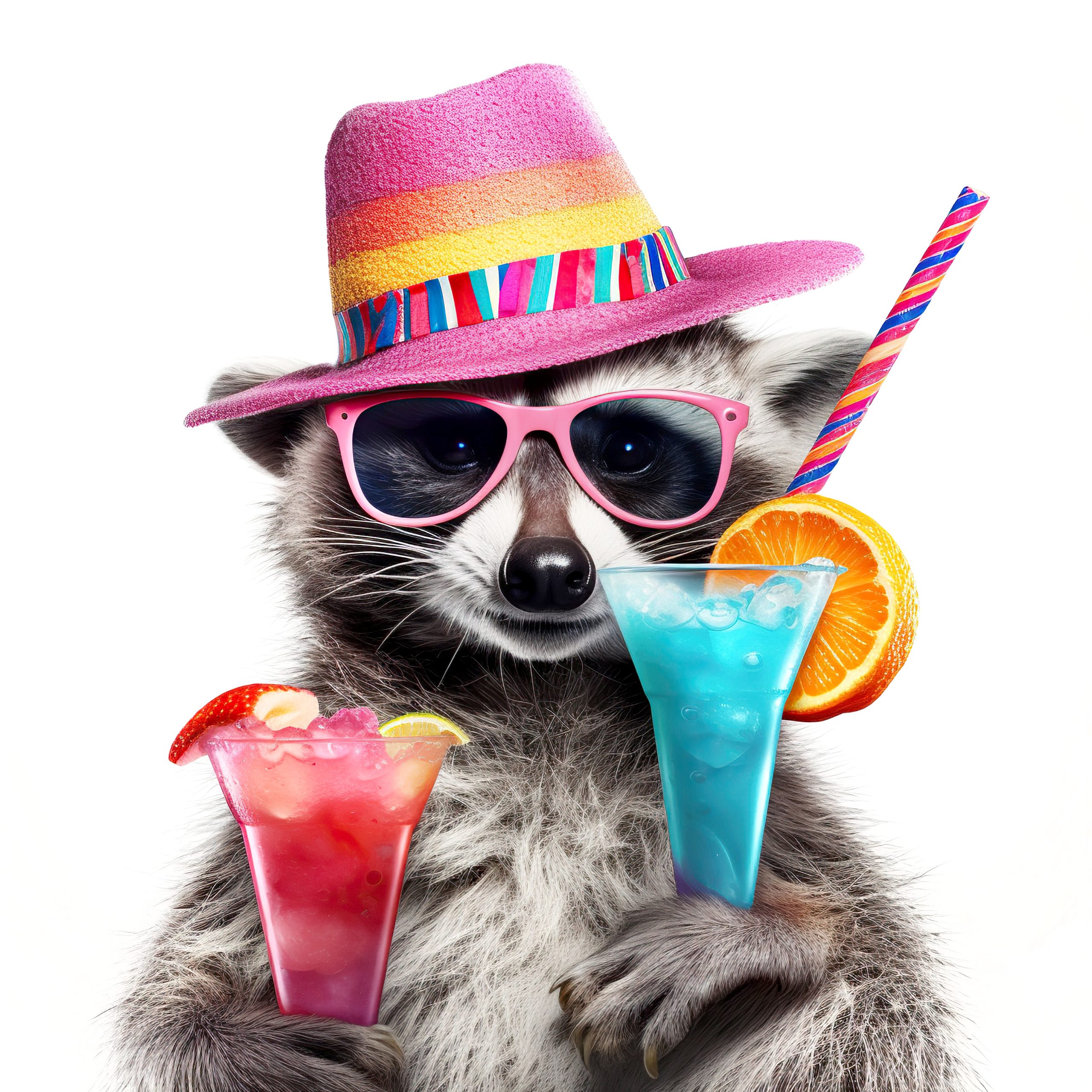 Funny party raccoon wearing colorful summer hat and stylish sunglasses holding cocktail glass with delicious drink, isolated over white background. Colorful joyful greeting card for birthday or other festive events. Created with generative Ai technology.