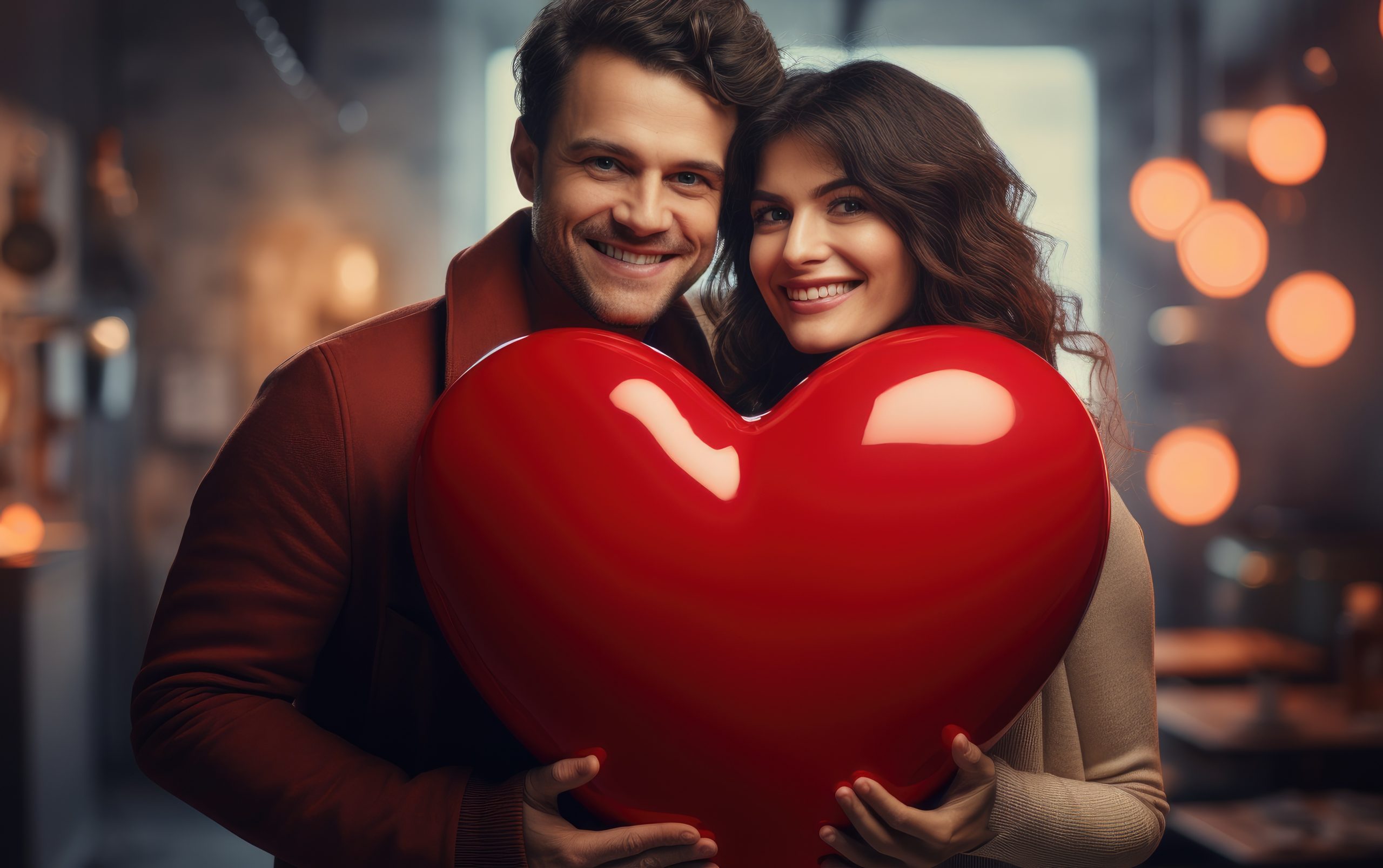 Romantic moment, couple with a big red heart in valentine photoshoot