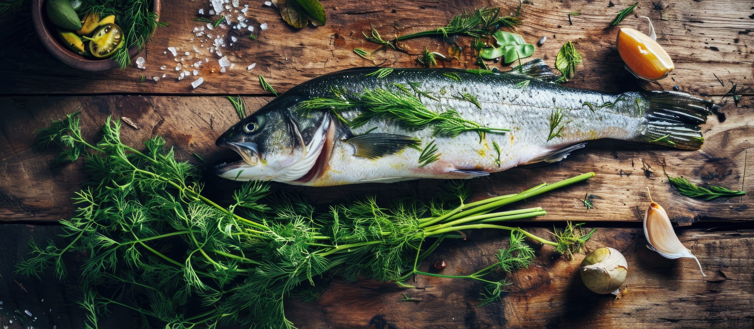 Sea bass with dill and laurel, rustic wood background.